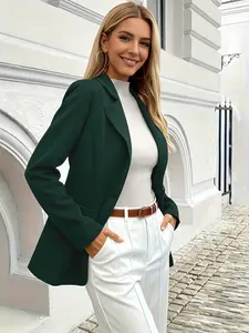 A dark green women's blazer, belonging to a minimalist commuter style, with a sleek and elegant look, perfect for work commuting and everyday outings.