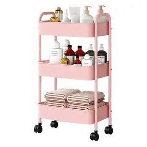 3-Tier Rolling Utility Cart with Lockable Casters Space-Saving Metal Storage Organizer for Office Kitchen Bathroom & Dorm Large Capacity Easy Assembly Perfect for Office Supplies Makeup & Craft Storage Cart With Wheels Pink