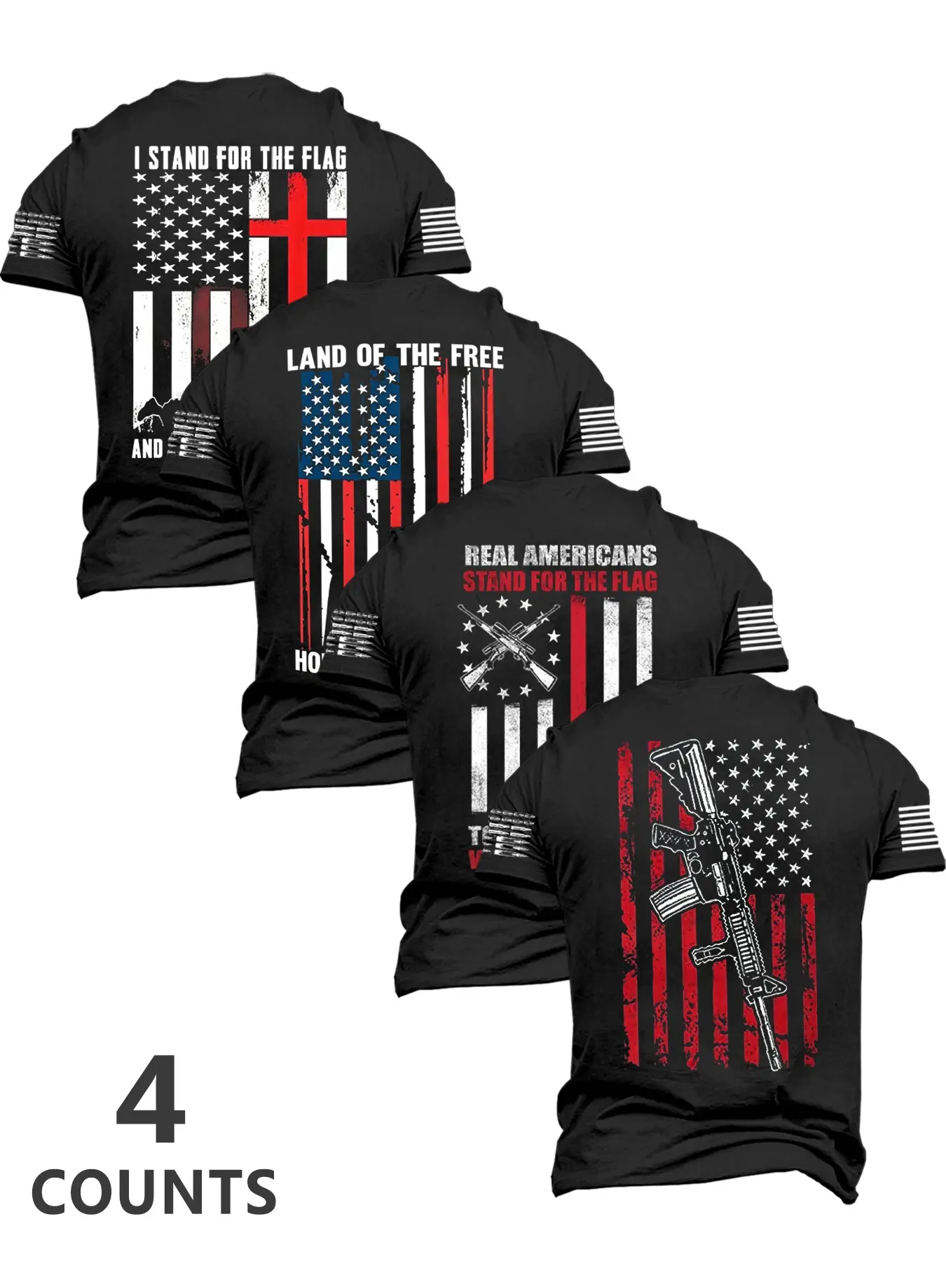 4-Pack Men's Summer Flag Series Print Round Neck Casual Fashion Streetwear Short Sleeve Tops, Fitted Long Style, Perfect for Daily Wear, Menswear, Casual Fashion Tee