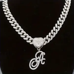 18K Golden Plated Zinc Alloy Chain Necklace with Heart-Shaped Initial Letter Pendant, Rhinestone Inlay - Hip Hop Jewelry Gift for Men and Women, Perfect for Birthday or Christmas, Unique Designed, Fashion Jewelry, Best Gift