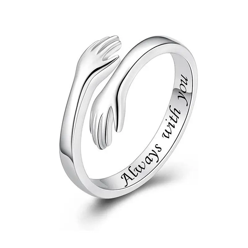 Silver-Toned Embracing Hands Hug Ring, Personalized Engraved Jewelry, Symbolic Love Gift for Daughters (Graduation Occasion), Personalized Jewelry