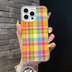 Magnetic Soft MagSafe Protective Casing Cover for iPhone 1-17 Pro Max - Pastel Plaid Checker, Aesthetic Lightweight, Anti-Scratch, Transparent, Resistance Mobile Phone Accessory