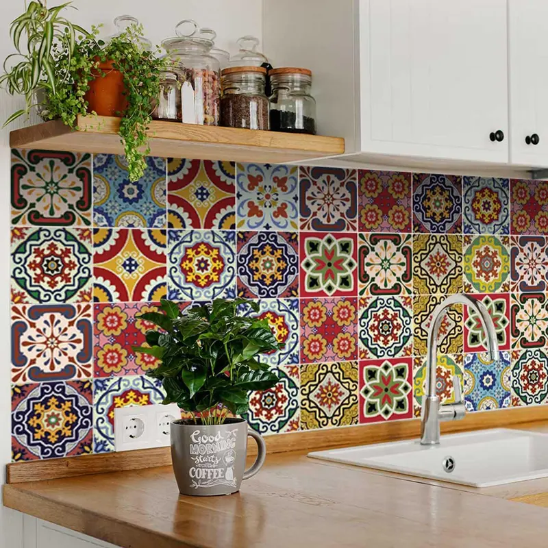 Mexican Talavera Colorful Vinyl Wall Stickers - 24pcs 4x4in Whimsical Flower Tile Decals, Removable Whimsical Home Decor for Kitchen, Living Room