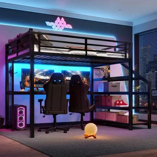 [Bellemave]Full /Queen Loft Bed with Desk and Storage Stairs, Metal Loft Beds with LED Lights, USB Ports, Multifunctional Iron Nets, No Spring Box Needed and Noise-free, Black