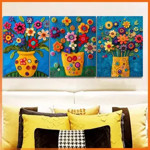 3-piece 2D decorative painting - canvas painting - colorful felt flowers in a yellow vase- Cheap room decoration - Kitchen decoration - Pictures - Fall decoration promotion - Picture wall decoration - Posters - Fall decoration - Room decoration - Bathroom