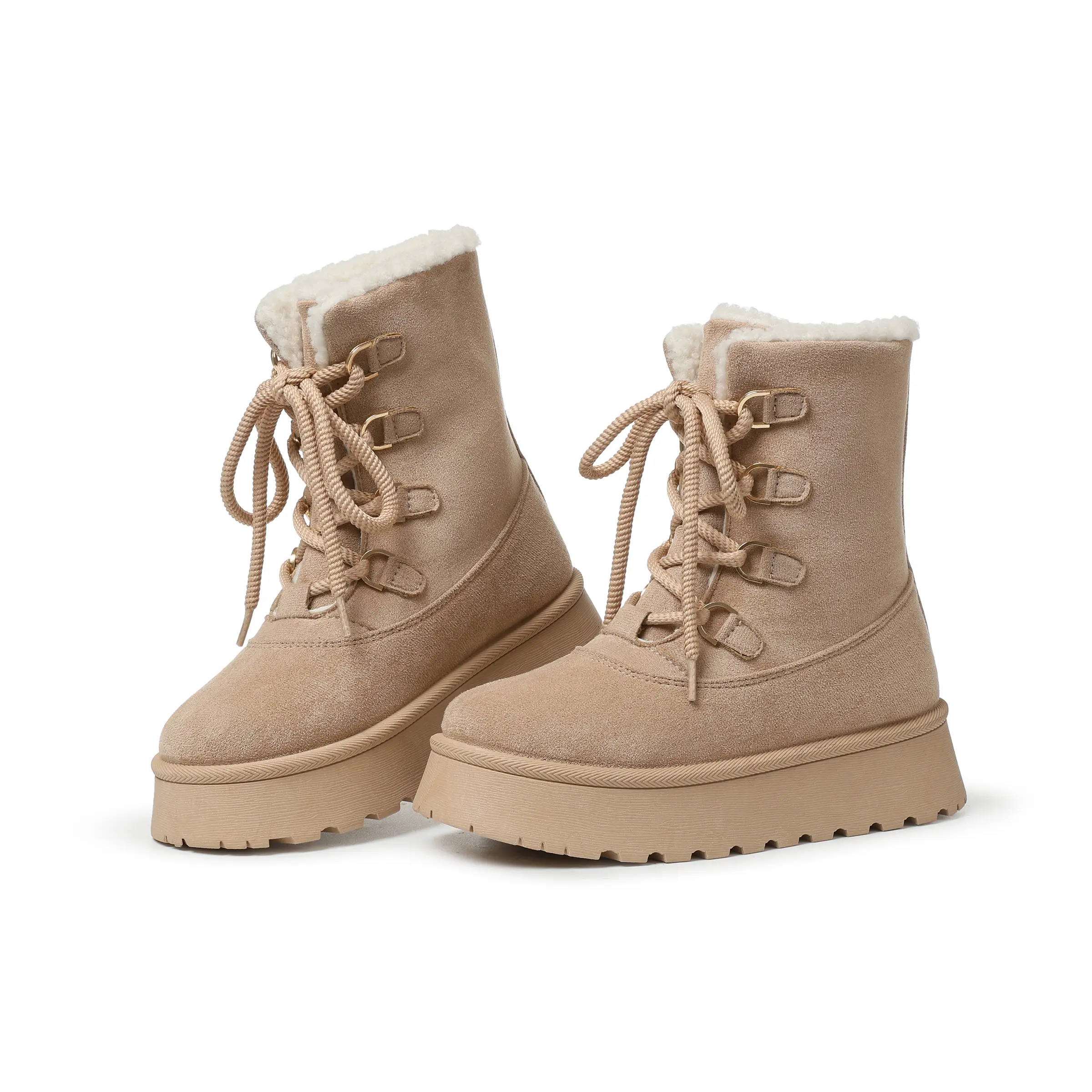 Women’s Winter Fleece-Lined Snow Boots, Lace-Up Platform Ankle Boots with Height-Increasing Thick Sole, Fashionable Frosted Leather Warm Cotton Boots