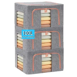Large Capacity Clothes Storage Bags,Stackable Storage Organizer with Foldable Metal Frame, Zipper, Handles, Clear Window, Gray, 3 Pack)