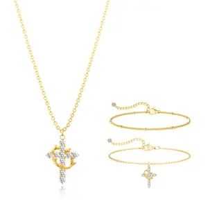 TEWIKY 14K Gold-Plated 3PCS Zircon Crown Cross Necklace & Double-Layer Bracelet Set Easter Valentine's Day Gift for Various Occasions