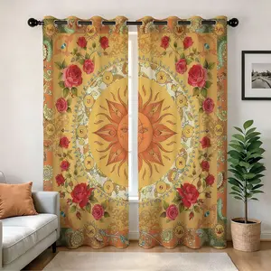 Sun Tarot and Rose Blackout Curtains, Boho Retro Groovy Hippie Funky Flowers Room Darkening, Modern Art Bedroom Living Room Decor Grommet Window Drapes 2 Panel