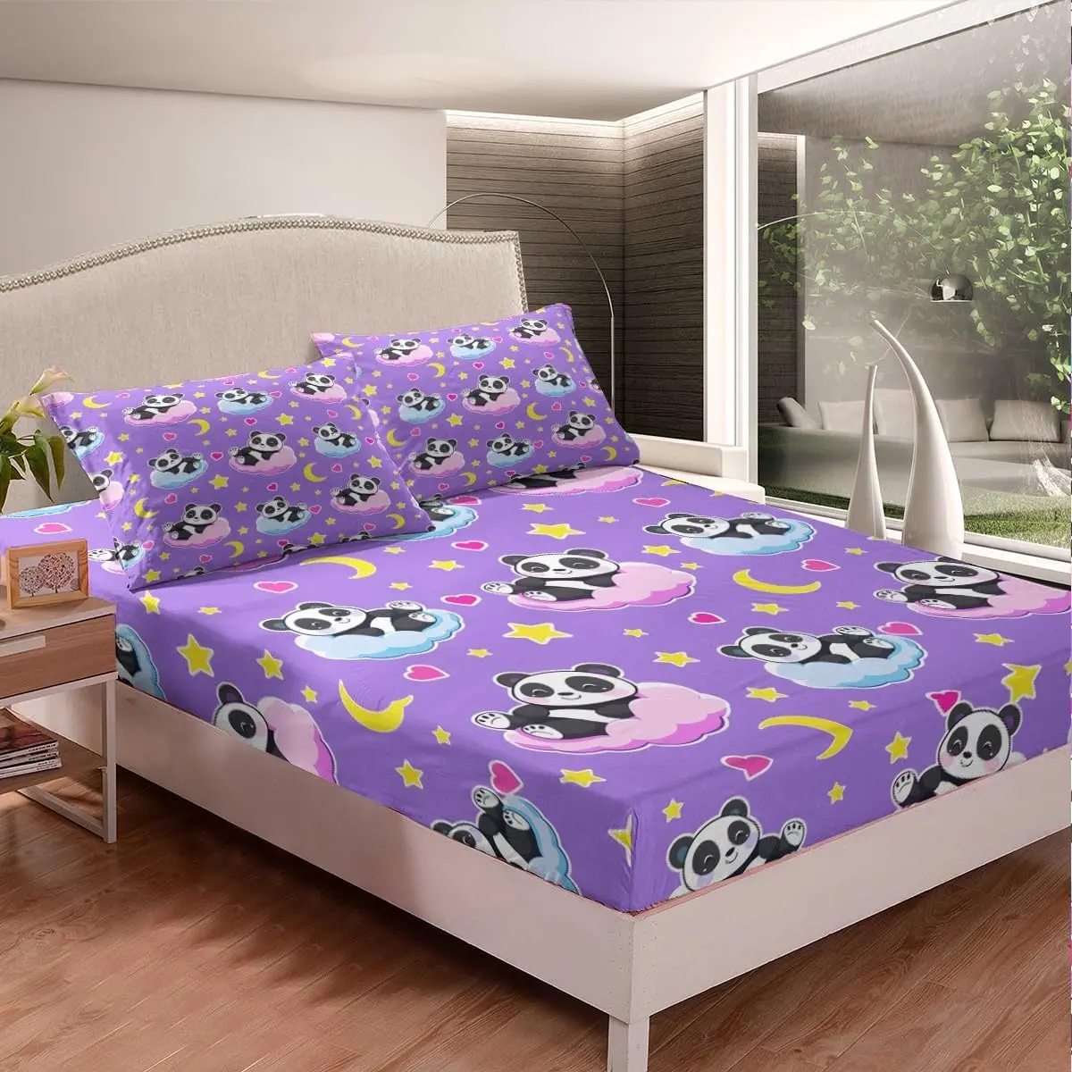 Feelyou 2-Piece Cartoon Panda Bedding Sheets Set - Twin Size Deep Pocket Fitted Sheet with Purple Stars, Moon, Heart Decor, Cute Wildlife Bedding Accessories for Any Room, Warm and Cozy, Bed Sheets Set