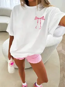 Women's Bowknot Loose-Fitting T-Shirt, Round Neck Polyester Short Sleeve Pullover Top, Spring Summer Autumn Casual Wear