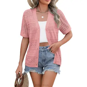 Women's 2026 Summer Short Sleeve Crochet Cardigan V Neck Cropped Lightweight Button up Bolero Shrug SweaterDD16MunchMingle