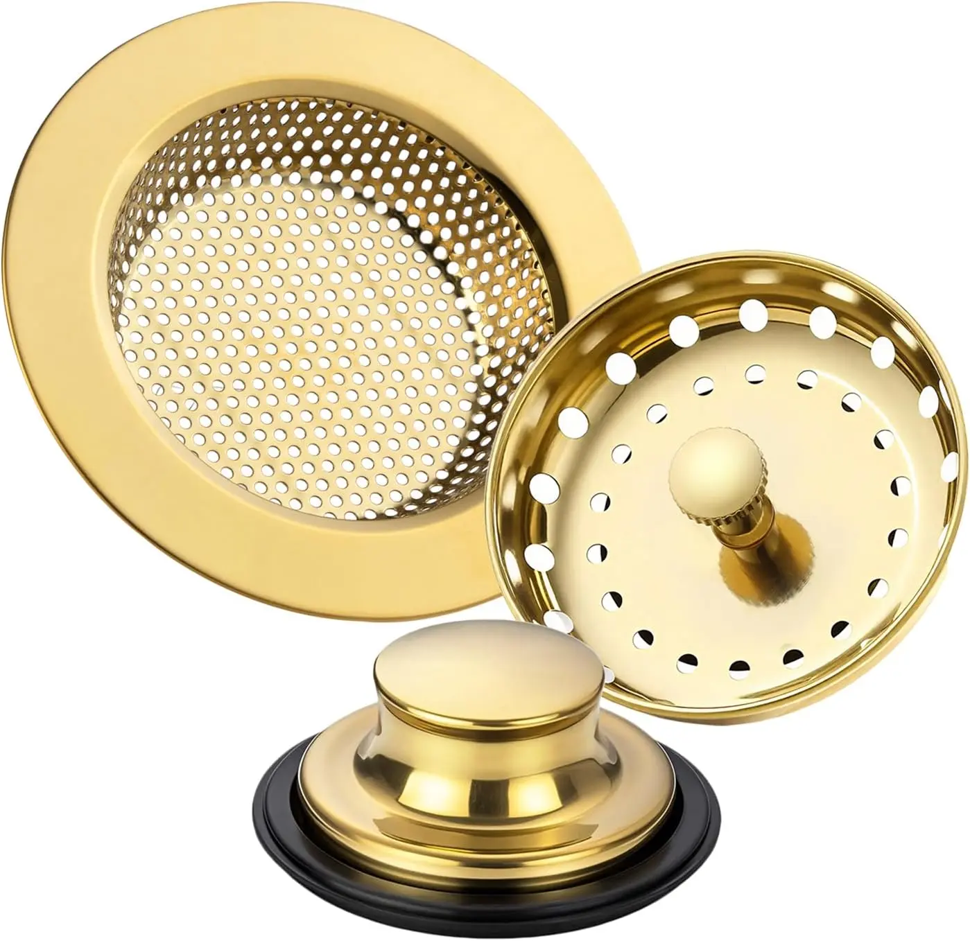 3-Pack Gold Stainless Steel Sink Drain Strainer Stopper Set, Anti-Clogging Drainage Plug with Handle, Perforated Mesh Basket Sieve for Standard 3.5" Drains