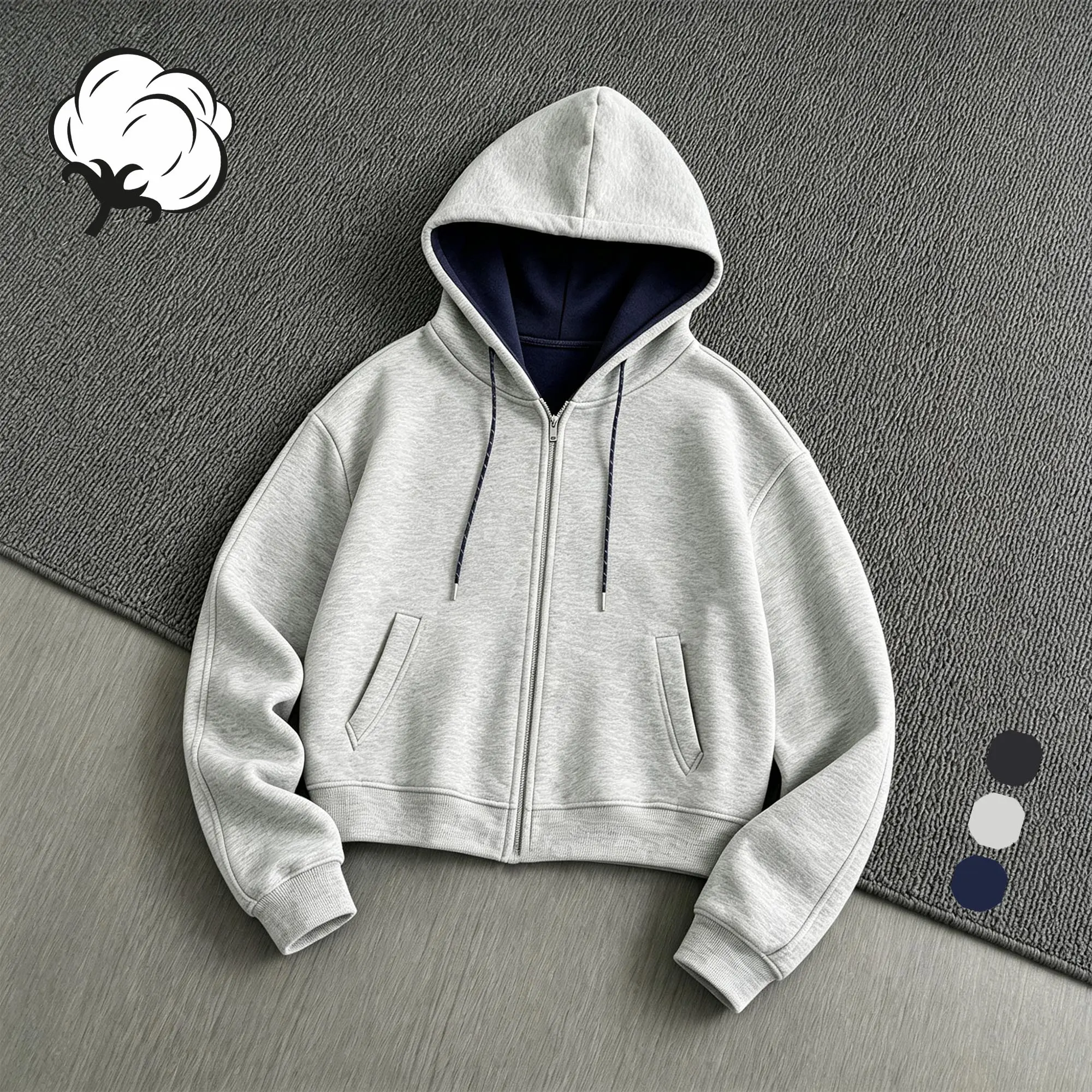 EKF oversized full-zip hoodie jacket for men with contrasting interior lining and braided drawstrings, cotton outerwear for spring and fall, casual street outfits
