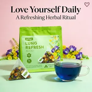 Lung Refresh Herbal Tea, Mullein & Dandelion Root Tea with Spearmint and Butterfly Pea, Cold Brew Possible, Naturally Caffeine Free, Blue Color Herbal Tea Bags for Hot or Iced Tea, 25 Pyramid Tea Bags