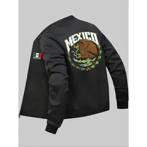 Men's Mexico Flag & Eagle Print Zip Up Pocket Bomber Jacket, Casual Long Sleeve Baseball Collar Outerwear for Daily Wear, Fashion Men's Clothes for All Seasons