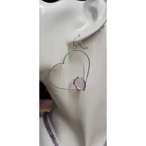 Faceted Lavender Quartz Sterling Silver Twist Wire Heart Hoops