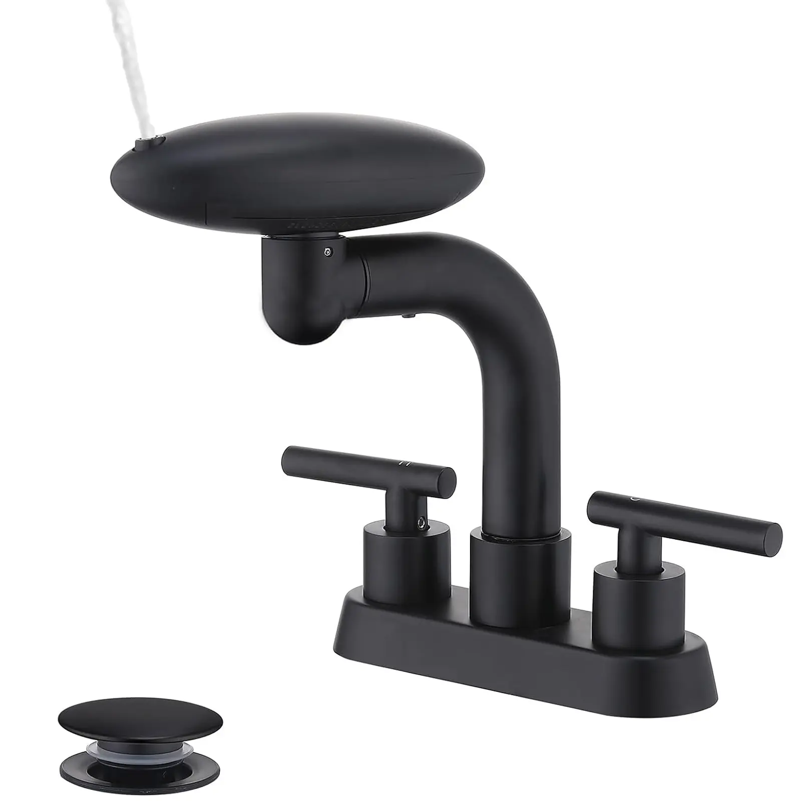 Matte Black Bathroom Faucet, 4 Spray Modes Swivel waterfall outlet, 4 inch Centerset 2-Handle Bathroom Sink Faucet with Pop-up Drain