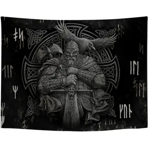 ST SoleMe.Tc Norse Viking Tapestry Odin Warrior Sword Axe Raven Tapestries Square Knot Tattoo Wall Hanging Nordic Meditation Runes