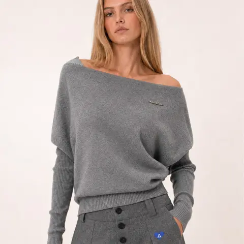 Aelfric Eden Women's Elegant Fitted Off-Shoulder Draped Knitwear Top - Asymmetric Cut, Layered Ribbed Sleeves, Metallic Logo Pin, Ribbed Waist Hem, Soft Viscose Fabric, Minimalist Streetwear Vibe, Medium-Length Casual Flattering Women's Top