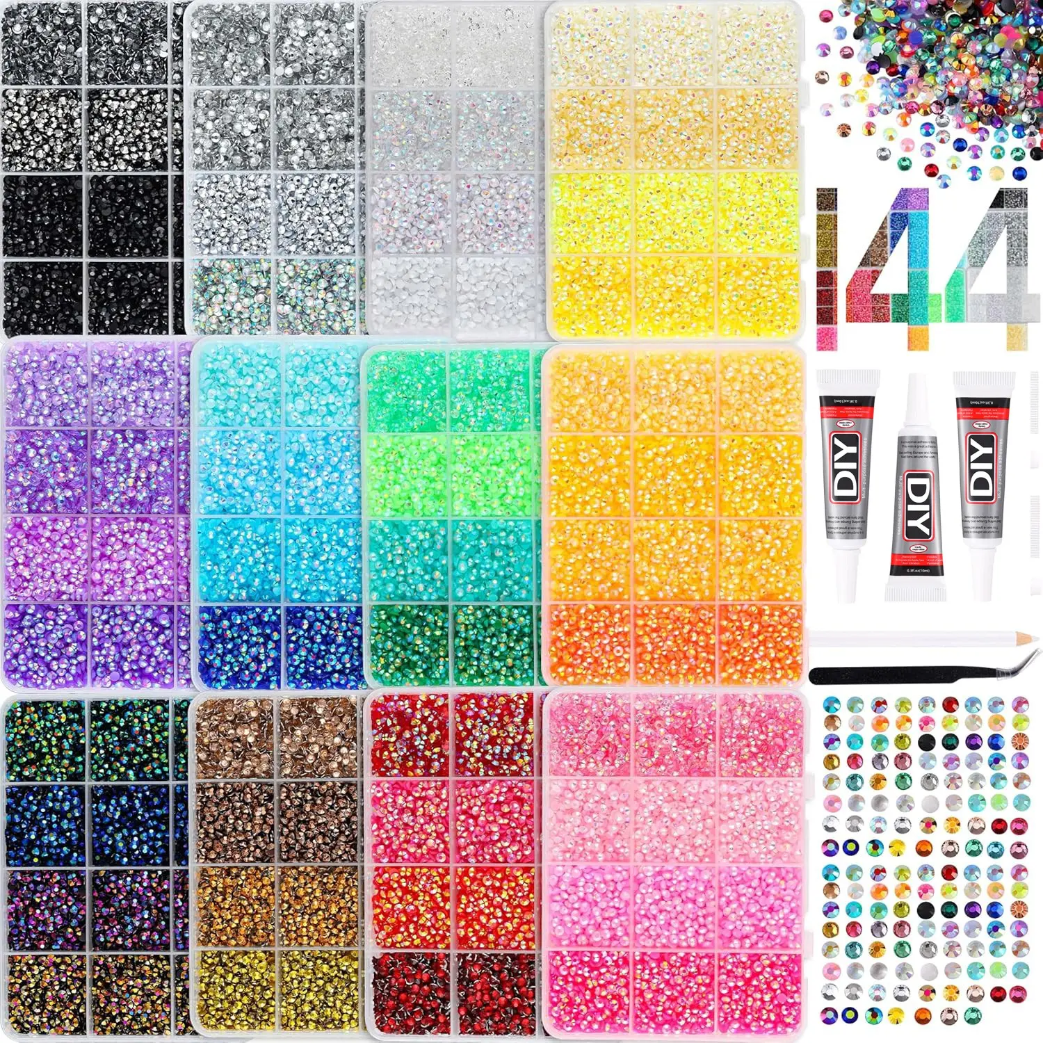 12 Box Resin Jelly Rhinestones Set, Includes Glue, Tweezers, Applicator, Perfect for Nail Art, Phone Decor, Jewelry, DIY Crafts，Nail Art Rhinestones / Flatback Crystals / Multi-Color / Pickup Tool