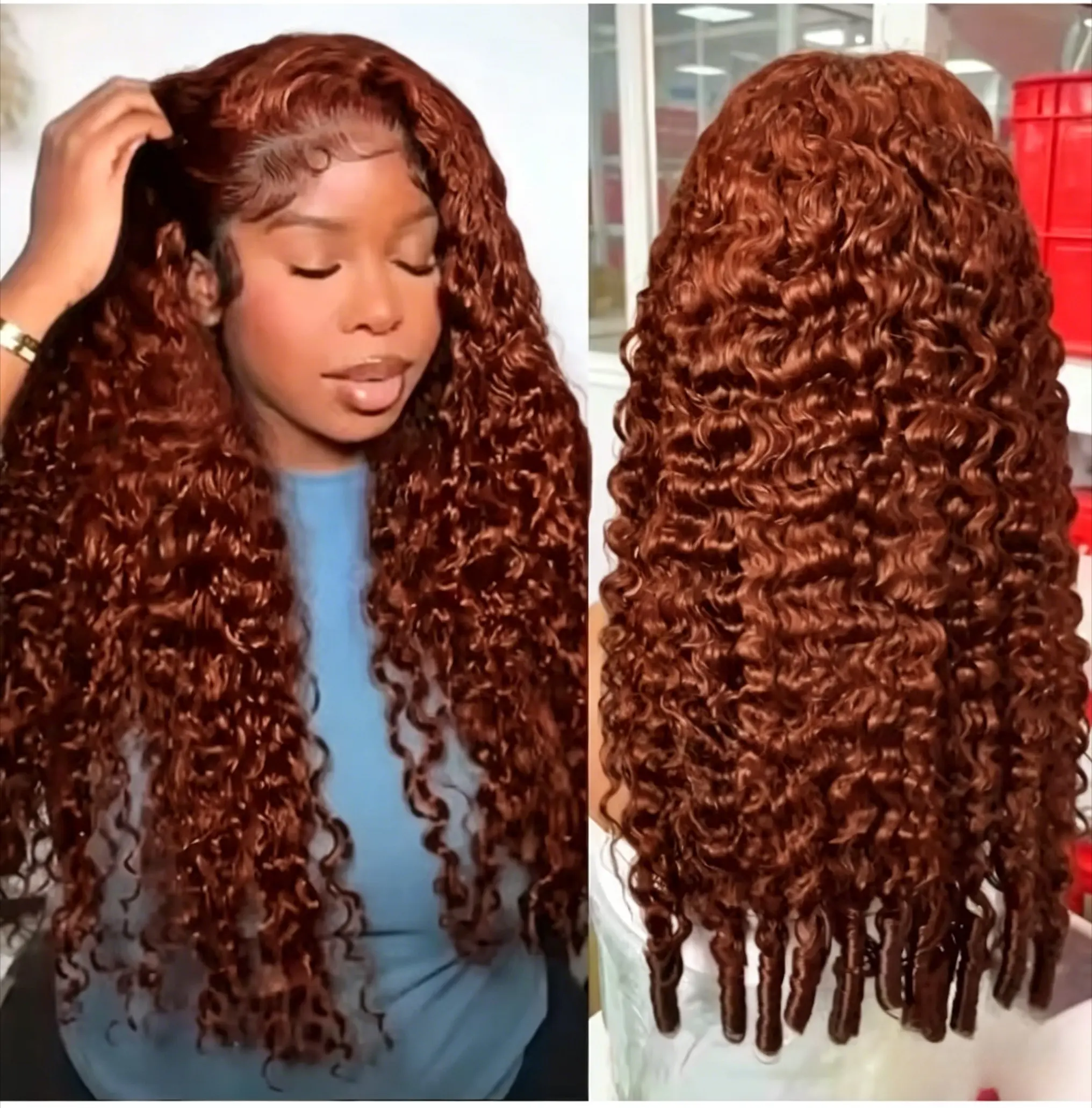 Burmese Curly Wig Natural Hairline Lace Wig 33 # reddish brown wig