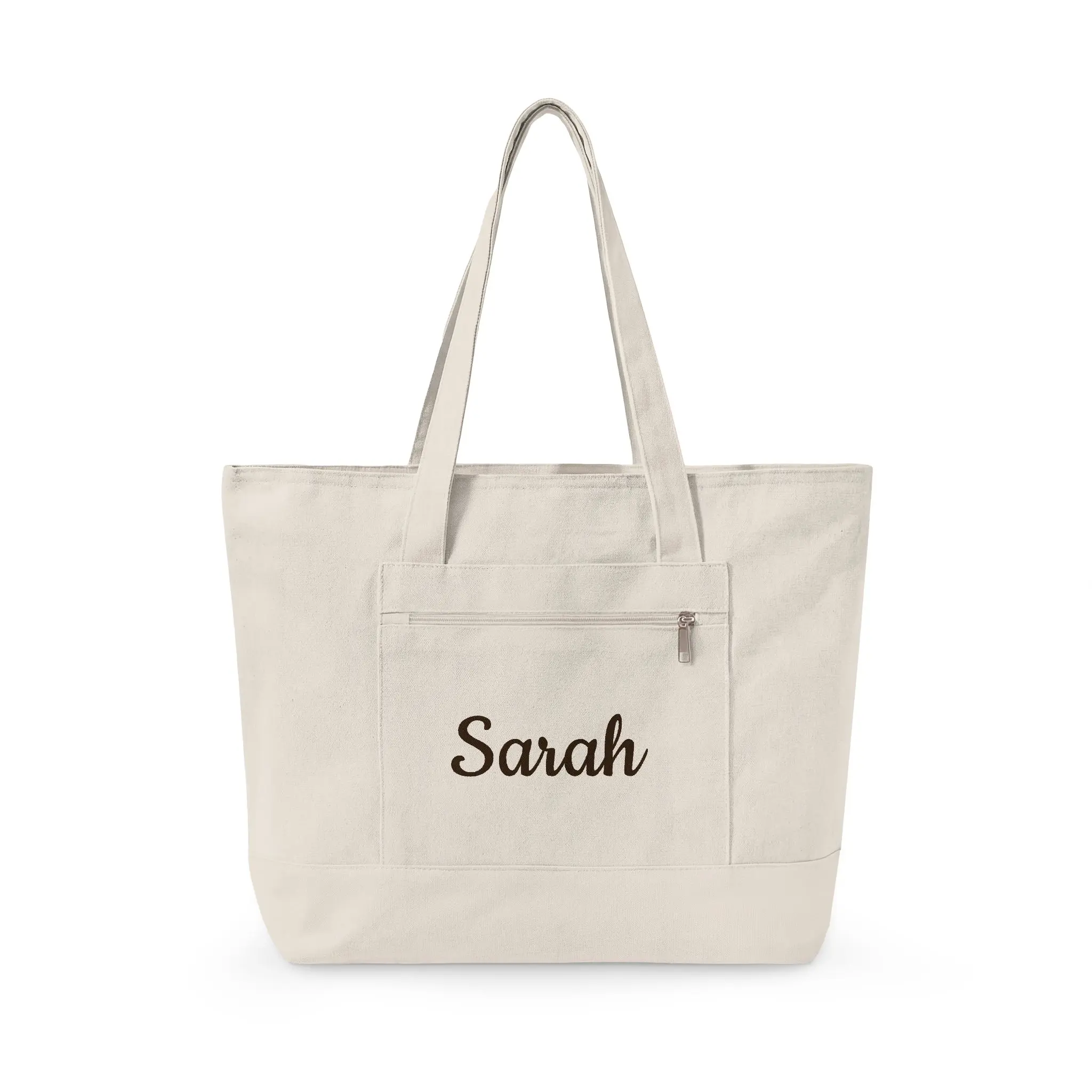 Women's Personalized Script Name Full-Zip Heavy Cotton Tote Bag, Custom Name Beach Tote with Multiple Pockets & Neutral Look