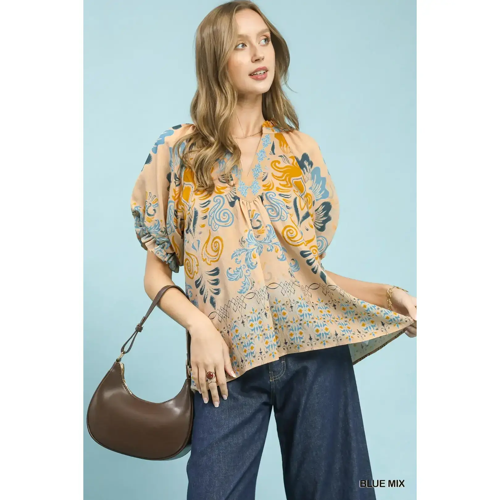 Women's Umgee Casual Chic Feminine Border Print Puff-Sleeve V-Neck Blouse, Nylon Fabric for Matching Bottoms