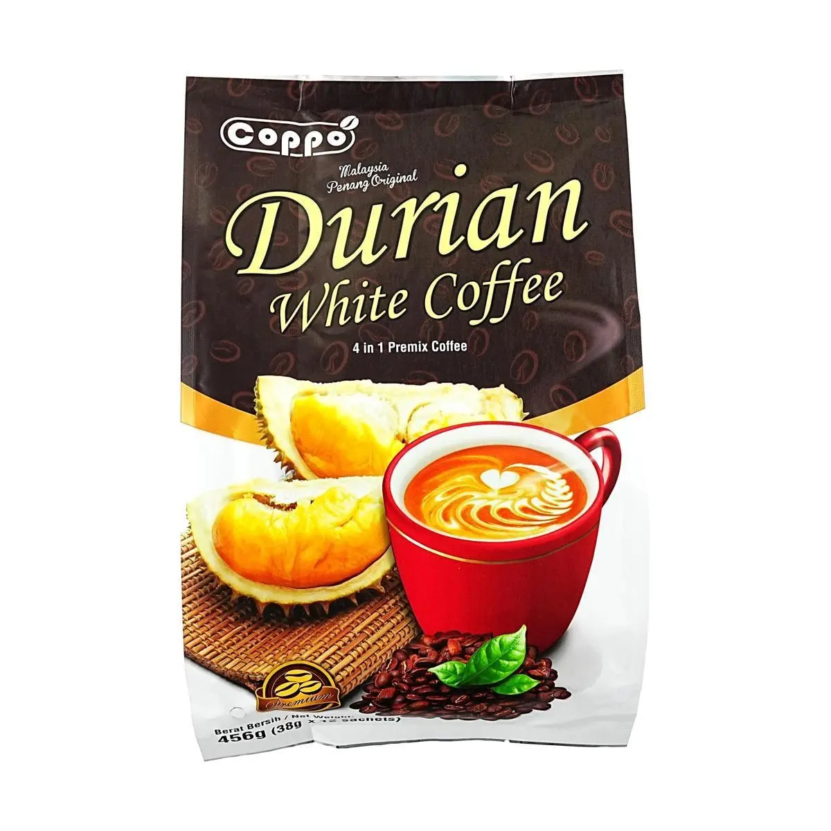 COPPO 4-in-1 Instant Durian White Coffee Mix from Malaysia, 12 Sachets (456g) - Rich & Creamy Flavor