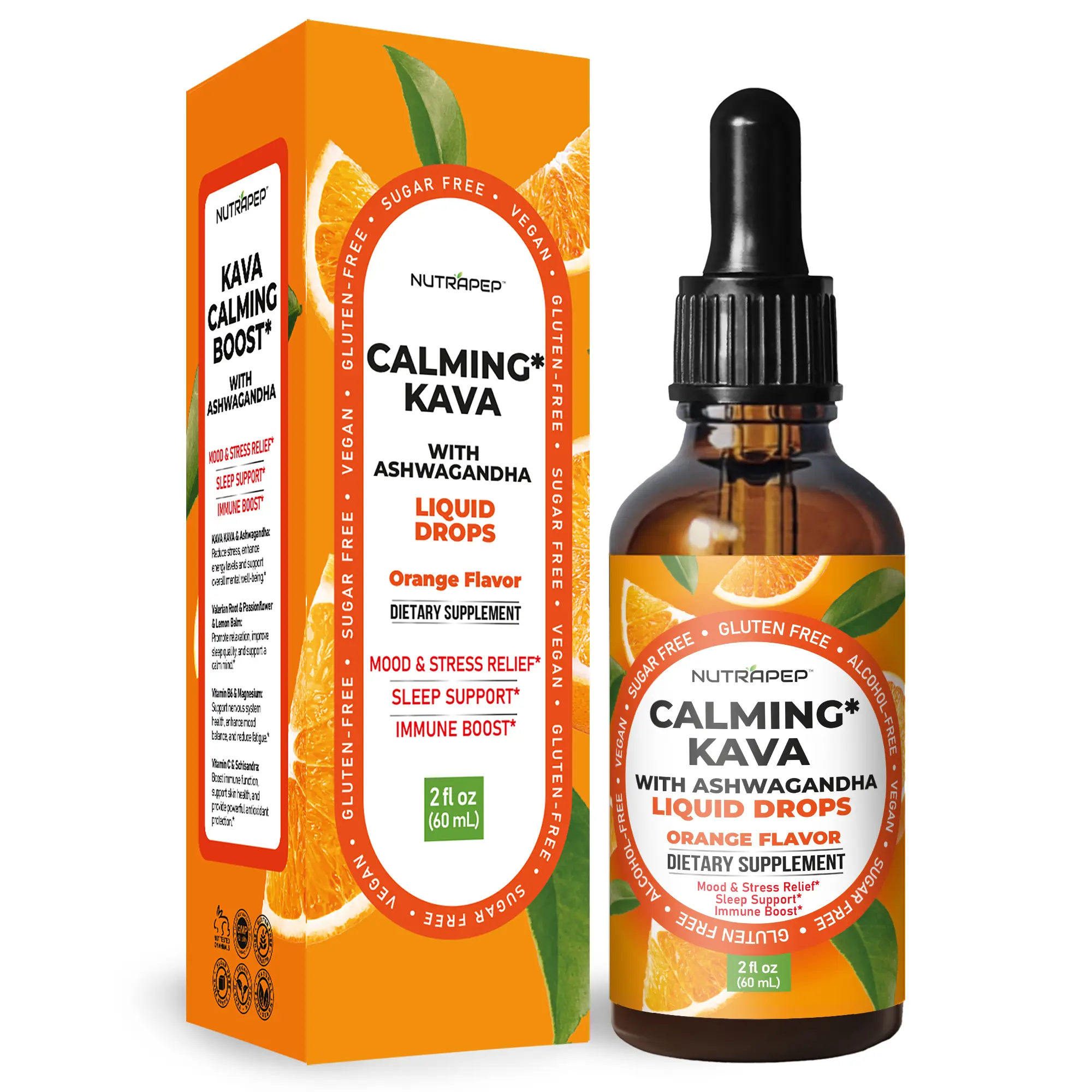 Nutrapep Kava Ashwagandha Extract Liquid Drops - Calming Adaptogen Supplement with Valerian Root Passionflower Lemon Balm for Mood Rest Stress Support - Alcohol-Free Vegan Gluten-Free Non-GMO