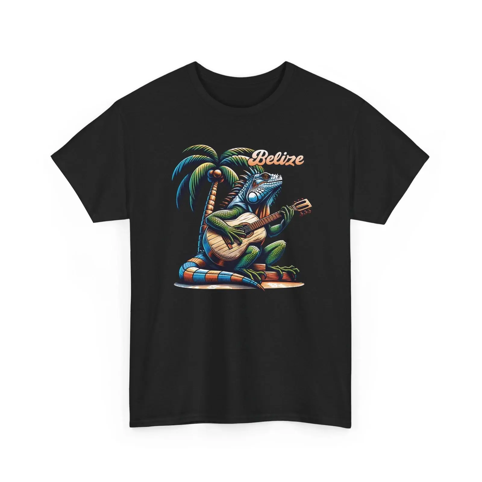 Unisex Short Sleeve Cotton "Belize" Iguana Playing Guitar Sports Graphic Tee - Retro Colorful Palm Tree Island Aesthetics, Everyday Beach Vacation Souvenir, Comfortable Travel Apparel (TikTok Viral), Shortsleeve, Casual
