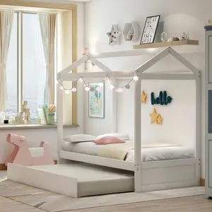 [Bellemave]House Bed with Trundle, can be Decorated,White(Old SKU:SM000103AAK)