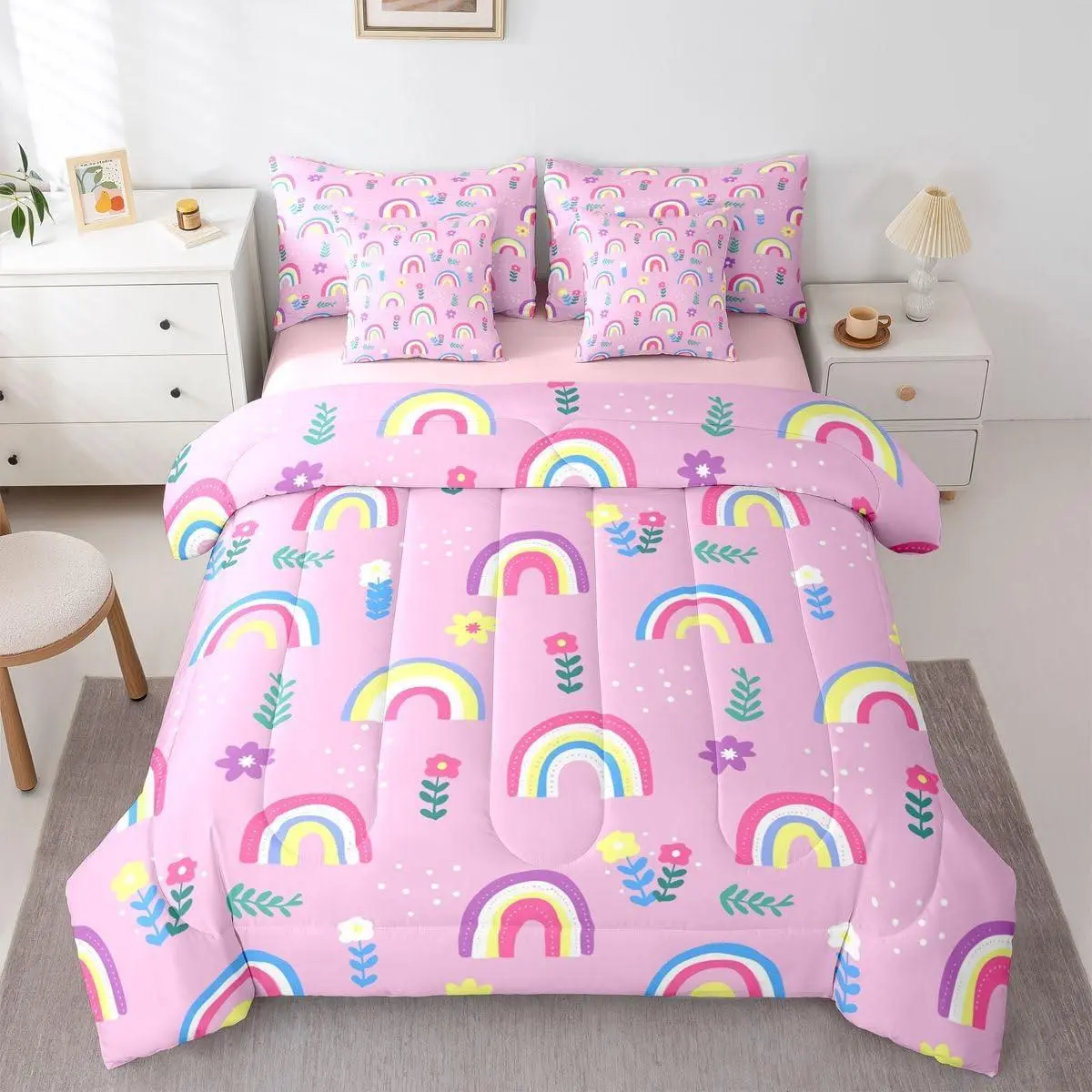Rainbow 7 Pieces Bedding Set | ish Floral Comforter Set Cute Hand Drawn Bed in A Bag with Flat and Fitted Sheet Aesthetics Geometric Bed Set