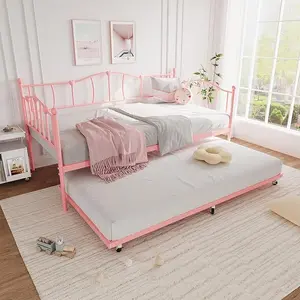 Metal Twin Daybed with Trundle Bed, Twin Size Day Bed with Pullout Trundle and Headboard, Metal Sofa Bed Frame with Steel Slat Support for Living Room, Bedroom, No Box Spring Needed