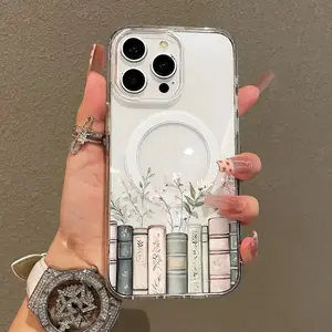 Soft Girl TPU Magnetic Case for iPhone 11/12/13/14/15/16/17 & Pro Max, Floral Bookshelf Design, Lightweight, Drop-Proof, MagSafe Compatible, Ideal for Teen Girls, Iphone 16