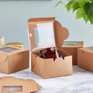 50 Pack 4x4x2.5 Mini Dessert Boxes with Window for Bakery - Baked Goods Packaging Containers for Cupcakes, Cookies, Pastry (Kraft Paper) - Cupcake Boxes