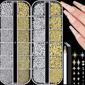 2640Pcs 3D Star Nail Charms, Gold & Silver Multi-Shapes Metallic Nail Art Gems and Small Round Caviar Beads, Craft Jewels Nail Rhinestones Accessories Manicure Decor with Tweezers and Pick-up Pencil