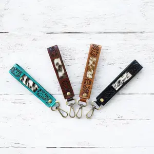 Western Cowhide Leather Wristlet Strap Keychain – Hand-Tooled Lanyard with Turquoise Accent, Durable Wrist Strap for Keys, Wallet, Phone – Boho Cowgirl Style in Tan Brown Black, Gift for Women & Men