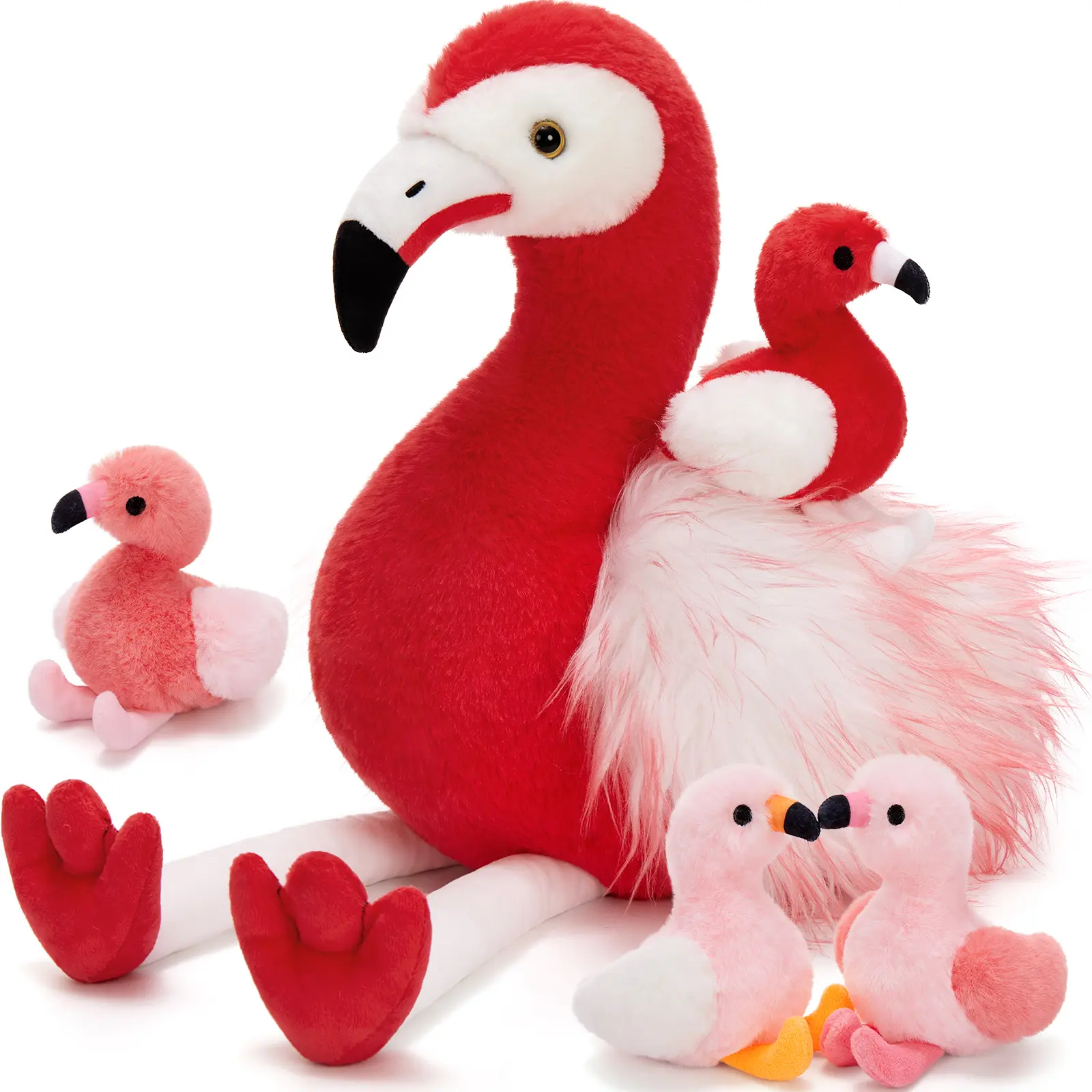 Flamingo Stuffed Animal Set, 1 Mommy Flamingo with 4 Baby Plushies, Soft Pink Bird Plush Toy with Zipper Storage for Kids Gifts