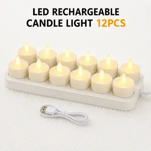 4/6/8/12 rechargeable flame-free LED tea lights, with timer function and charging base, realistic candlelight that softly flickers; suitable for Halloween, Christmas parties, and creating a warm ambiance in the home—on dining tables, in living rooms, and