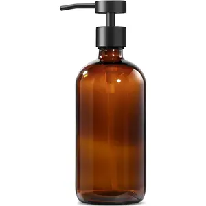 ISUN  Glass Soap Dispenser, 1 Pack Dish Soap Dispensers for Kitchen with Rustproof Stainless Steel Pump, 17 Fl Oz Bathroom Hand Soap Dispenser, Brown Liquid Dishwashing Dispensers Bottle