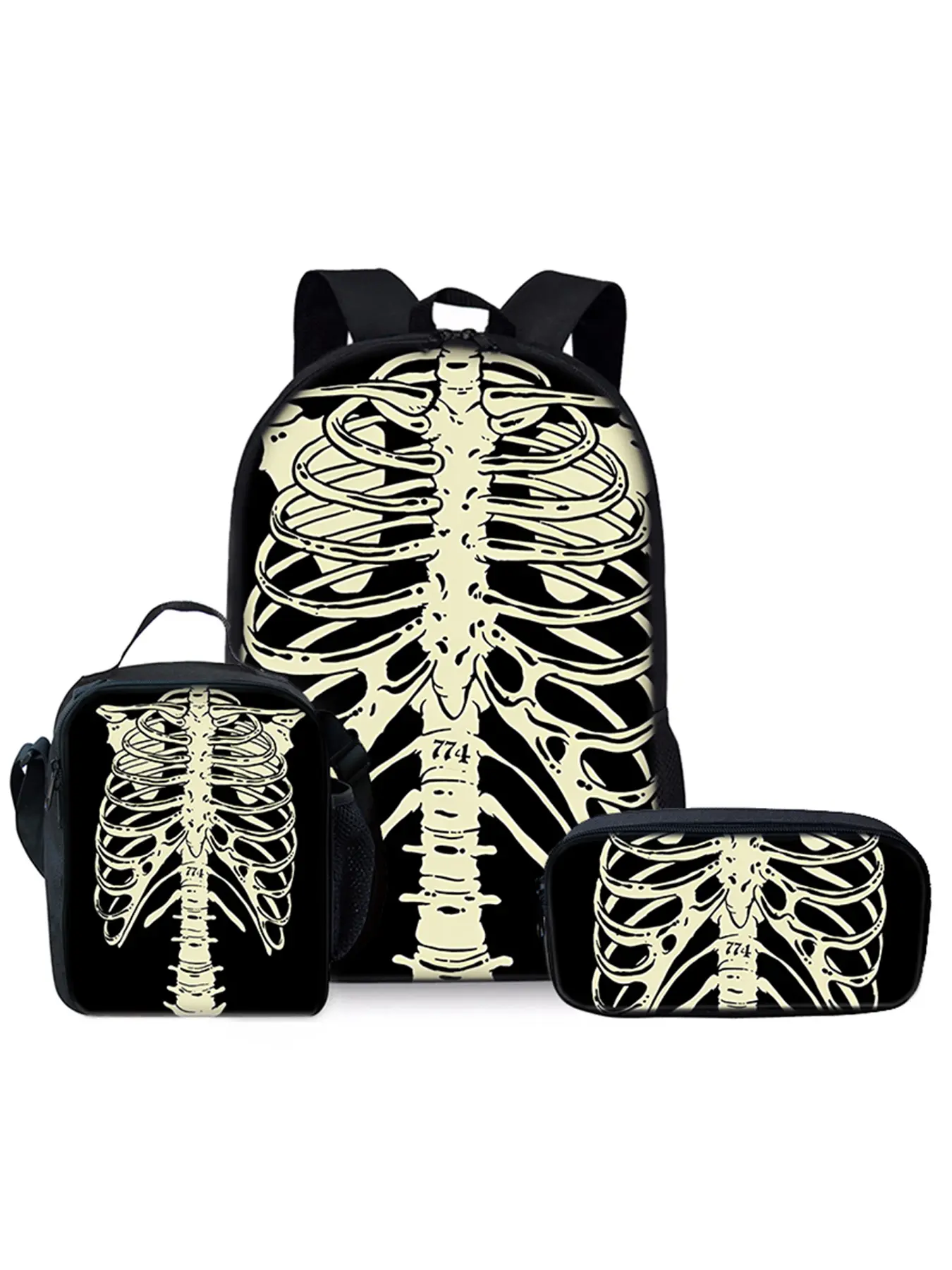 Skull pattern printed 17-inch backpack three-piece set (single-layer backpack + shoulder strap lunch bag + single-layer pencil bag) School Backpack Bookbag