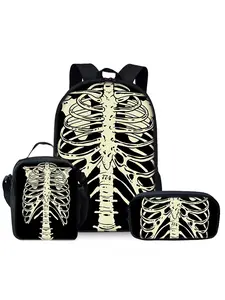 Skull pattern printed 17-inch backpack three-piece set (single-layer backpack + shoulder strap lunch bag + single-layer pencil bag) School Backpack Bookbag