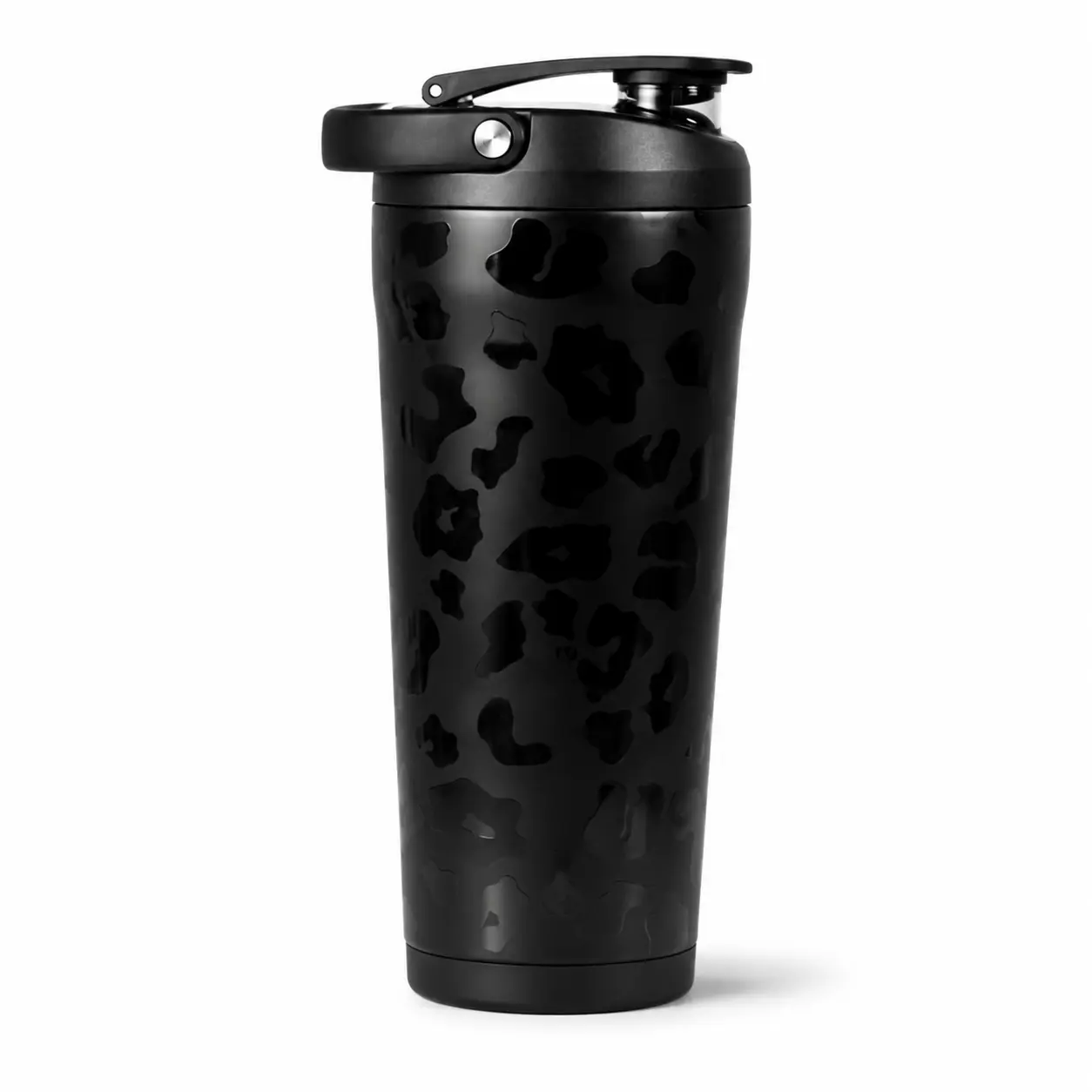 24 oz Stainless Steel Shaker Tumbler, Black Patterned Bottle with Flip Lid, Carry Handle, Interior Mixing Grate, Rubber Base for Daily Use