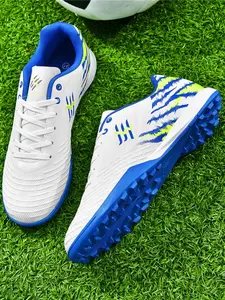 Parent-Child White-Blue-Yellow Soccer Cleats, Light & Breathable Sport Style, Breathable Mesh + Non-Slip Stud Sole + Trendy Pattern Decor, Bright Color, Stable Grip , Ideal for Parent-Child Soccer Training & Outdoor Field Scenarios