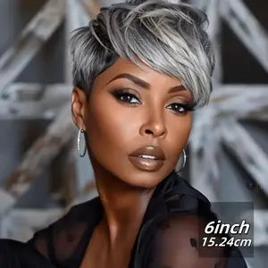 Fashion New Brazilian Remy Human Hair Short Straight Wig with Bangs - 150% Density 6 Inch Glueless Pixie Cut, Comfortable Rose Net Cap for Daily Wear, Halloween & Christmas Cosplay (Grey), Short Hair Wig, Costume Accessory, Elegant Hairstyle, Secure Fit C