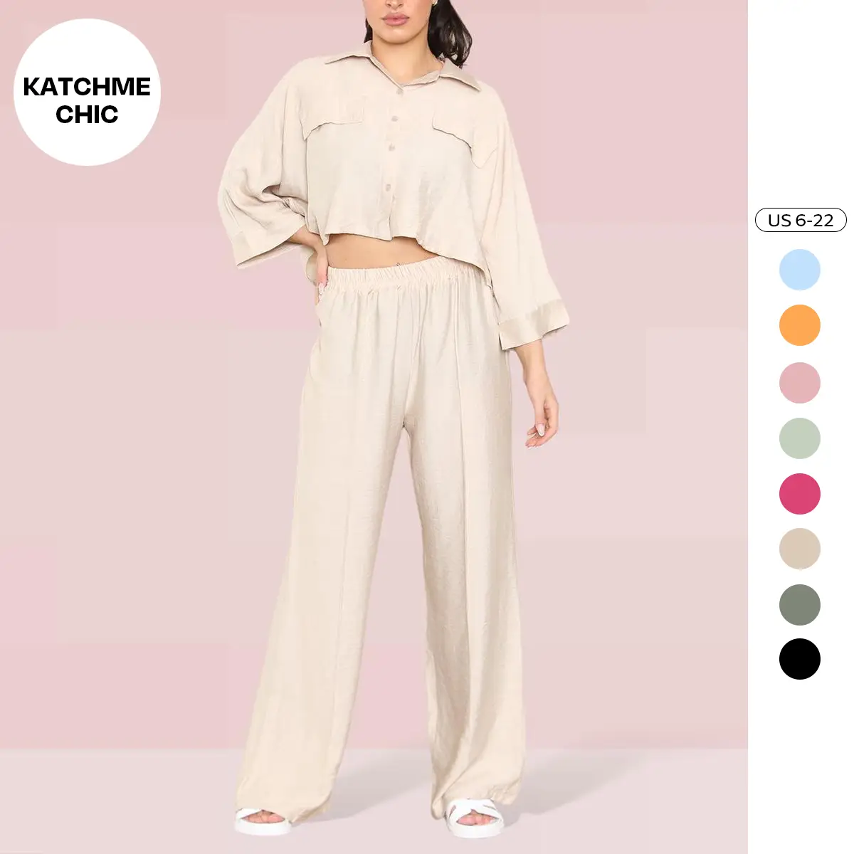 KatchMe Women's Versatile Long Sleeve Button Faux Pockets Crop Top & Elastic Waist Trousers Co-ord, Minimalist Lady Two-Piece Outfit for Womenswear