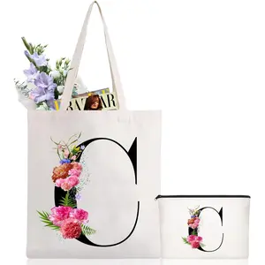 Initial Canvas Tote Bag Floral Letter Personalized Makeup Bag Monogrammed  for Bridesmaids Birthday Wedding