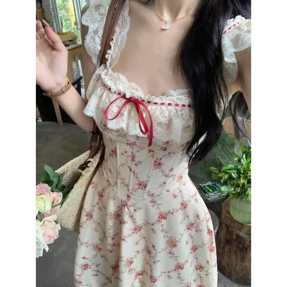 Y2k Summer French Elegant Floral Midi Dress Beach Style Korean Fashion Lace  Dress Evening Party Sexy Sleeveless Dress Woman Chic Casual Womenswear -  TikTok Shop