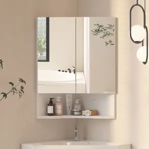 Mepplzian Classic Style Wall-Mounted Frameless Corner Medicine Cabinet, 2 Doors, Open Shelving, 18"w x 23.6"h